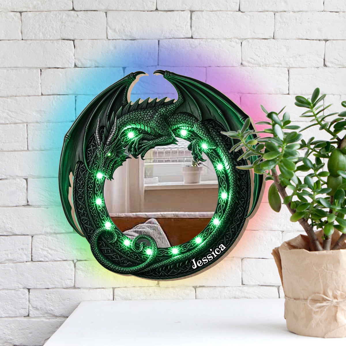 Fantastischer Drache – Personalisierter Drachen-Wandspiegel mit LED-Beleuchtung