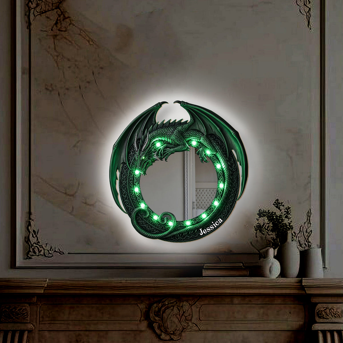 Fantastischer Drache – Personalisierter Drachen-Wandspiegel mit LED-Beleuchtung