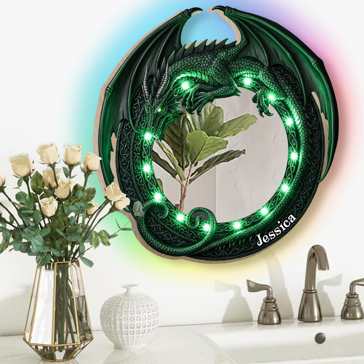 Fantastischer Drache – Personalisierter Drachen-Wandspiegel mit LED-Beleuchtung