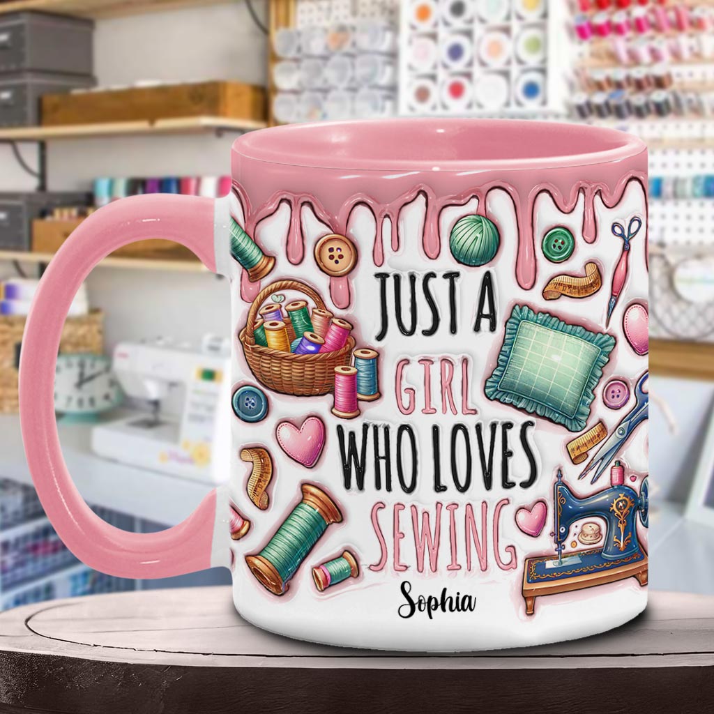 Einfach ein Mädchen, das Nähen liebt – personalisierte Tasse mit Nähmotiv