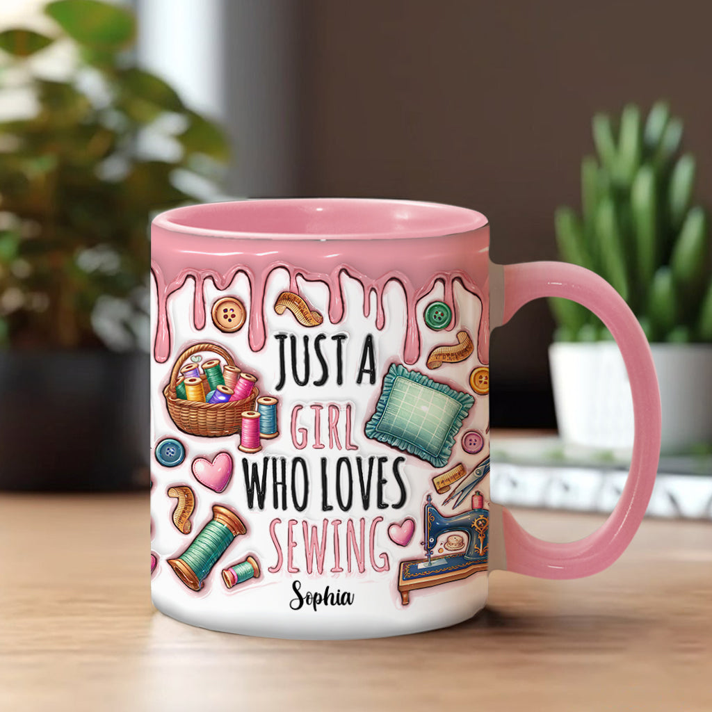 Einfach ein Mädchen, das Nähen liebt – personalisierte Tasse mit Nähmotiv