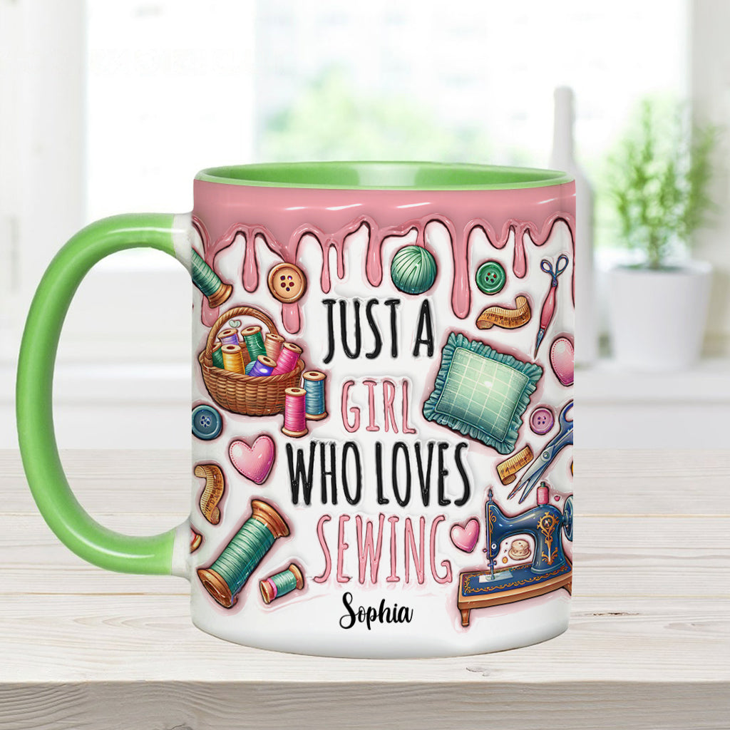 Einfach ein Mädchen, das Nähen liebt – personalisierte Tasse mit Nähmotiv