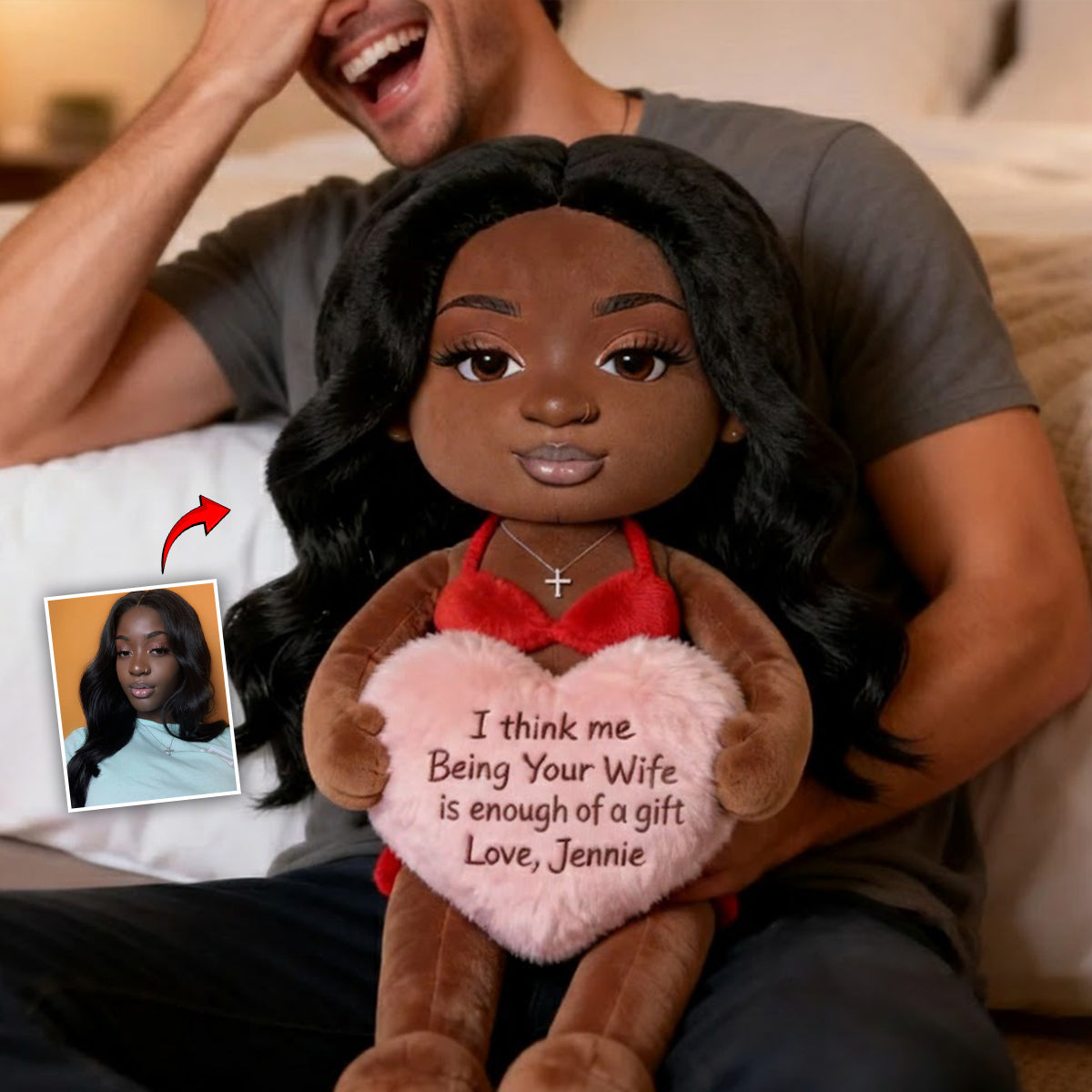 Individuell gestaltbares Kissen in Form eines Paares aus Kunstfell – nach Foto.