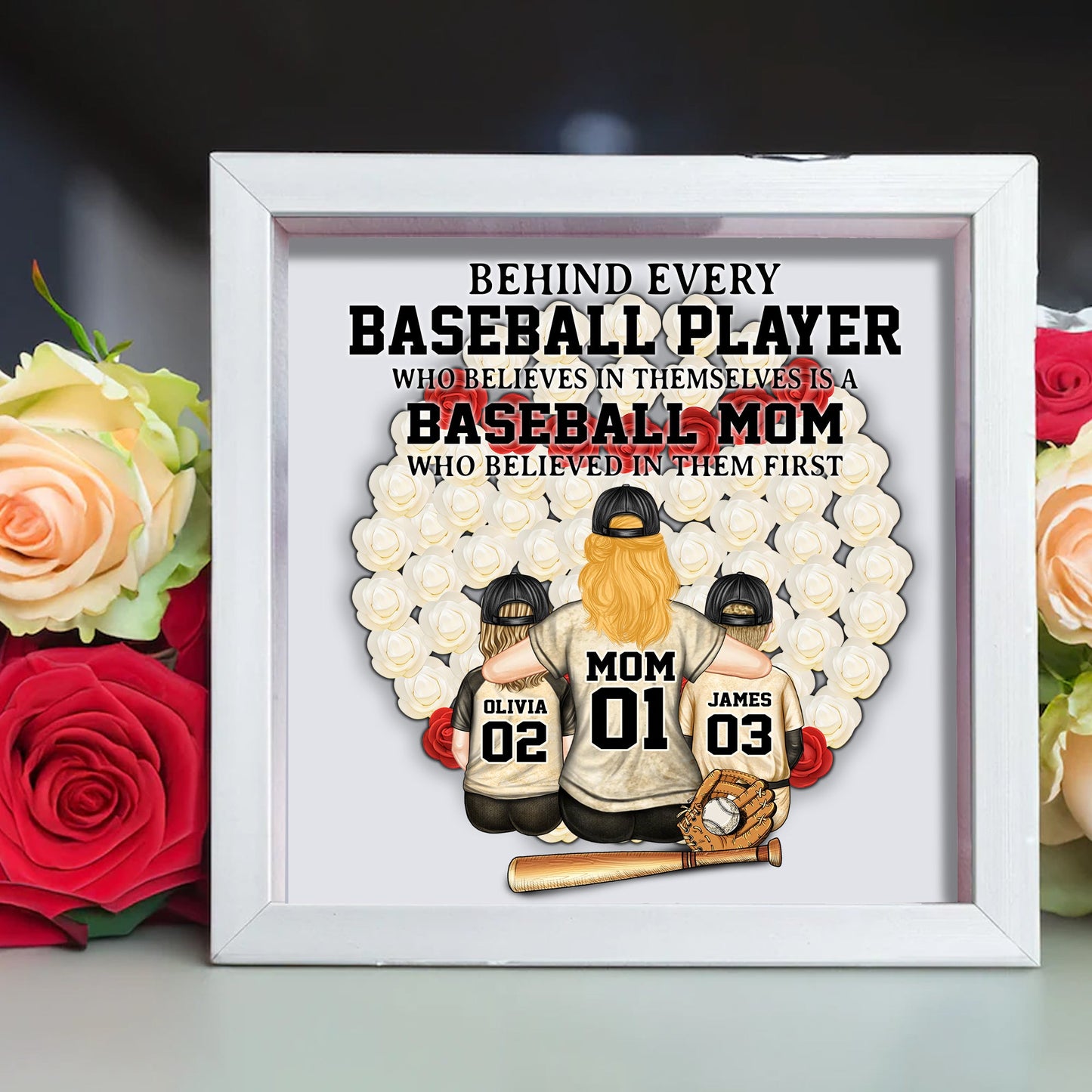 Baseball-Mama – Personalisierte Schattenbox mit individuell geformter Blume für die Mutter