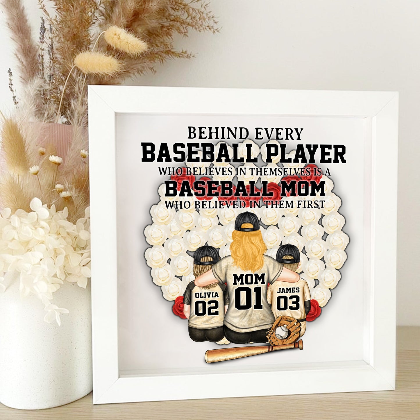 Baseball-Mama – Personalisierte Schattenbox mit individuell geformter Blume für die Mutter