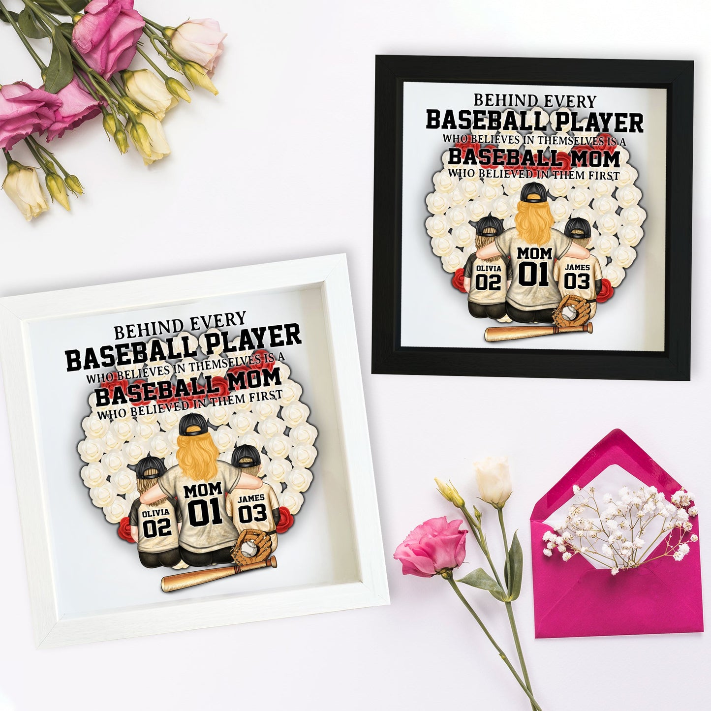 Baseball-Mama – Personalisierte Schattenbox mit individuell geformter Blume für die Mutter