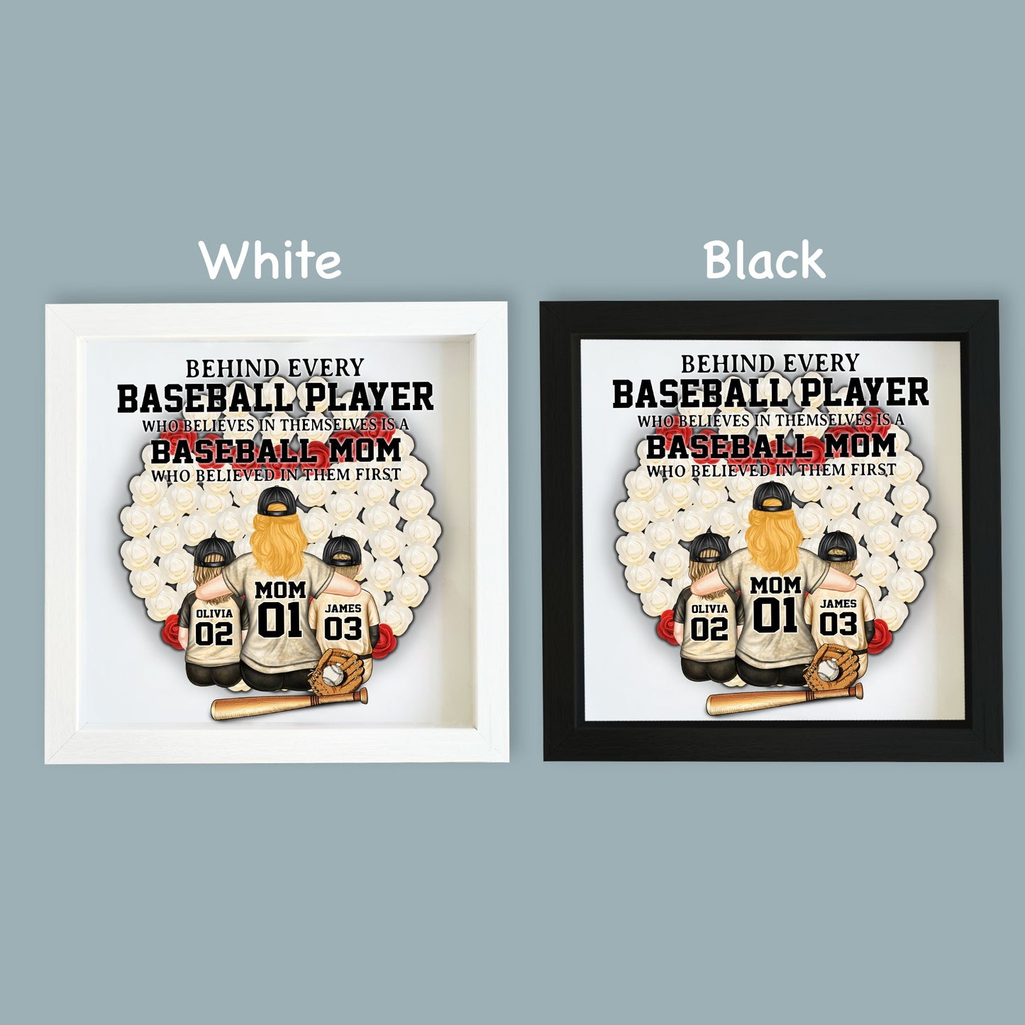 Baseball-Mama – Personalisierte Schattenbox mit individuell geformter Blume für die Mutter