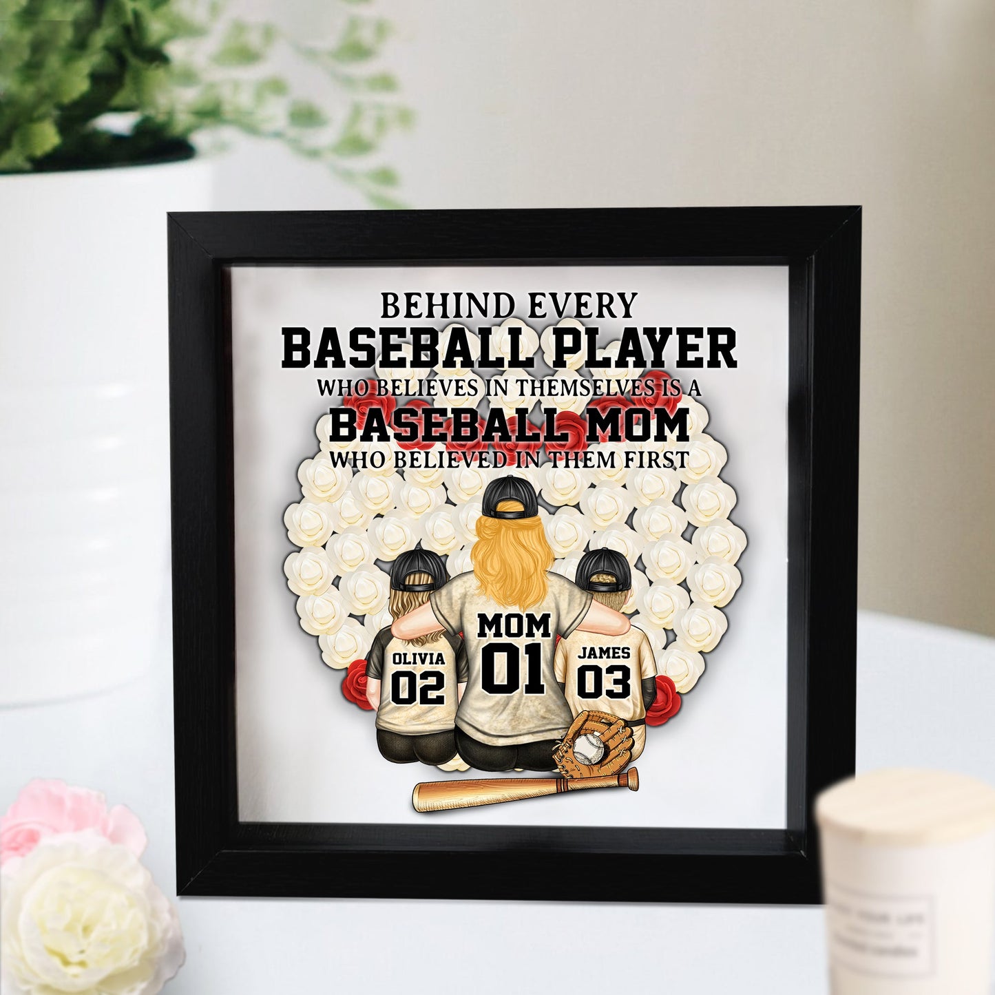 Baseball-Mama – Personalisierte Schattenbox mit individuell geformter Blume für die Mutter