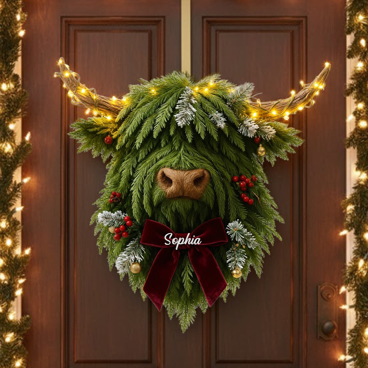 Kranz mit Hochlandrind-Motiv – Personalisiertes Acryl-Schild mit LED-Beleuchtung und Hochlandrind-Motiv