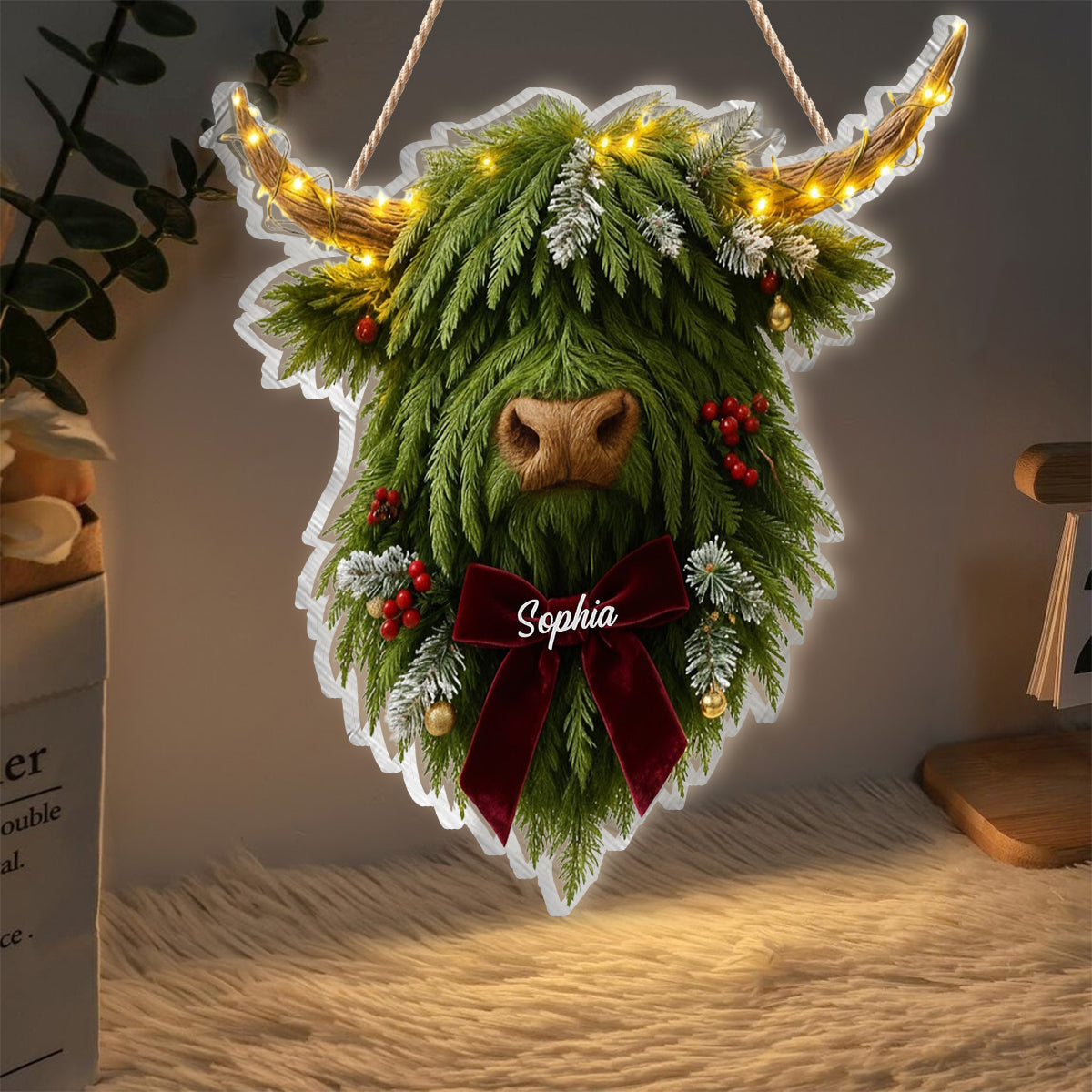 Kranz mit Hochlandrind-Motiv – Personalisiertes Acryl-Schild mit LED-Beleuchtung und Hochlandrind-Motiv