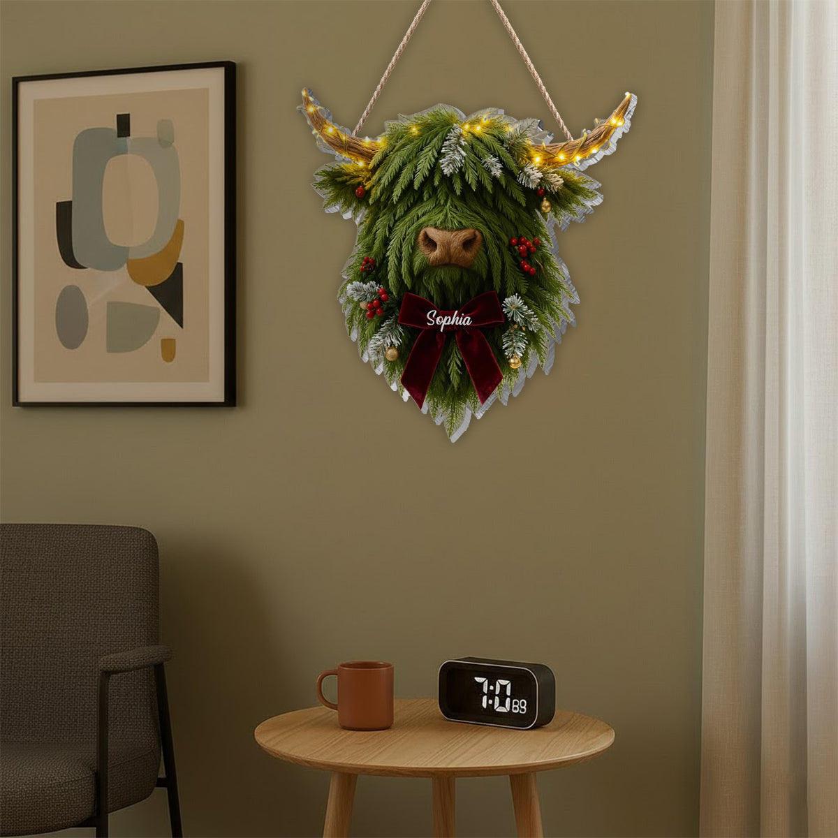 Kranz mit Hochlandrind-Motiv – Personalisiertes Acryl-Schild mit LED-Beleuchtung und Hochlandrind-Motiv