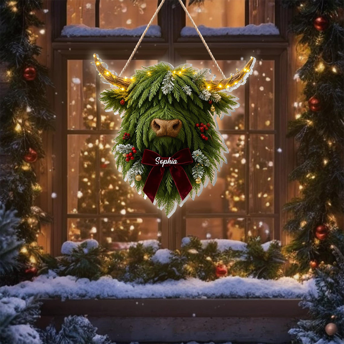 Kranz mit Hochlandrind-Motiv – Personalisiertes Acryl-Schild mit LED-Beleuchtung und Hochlandrind-Motiv