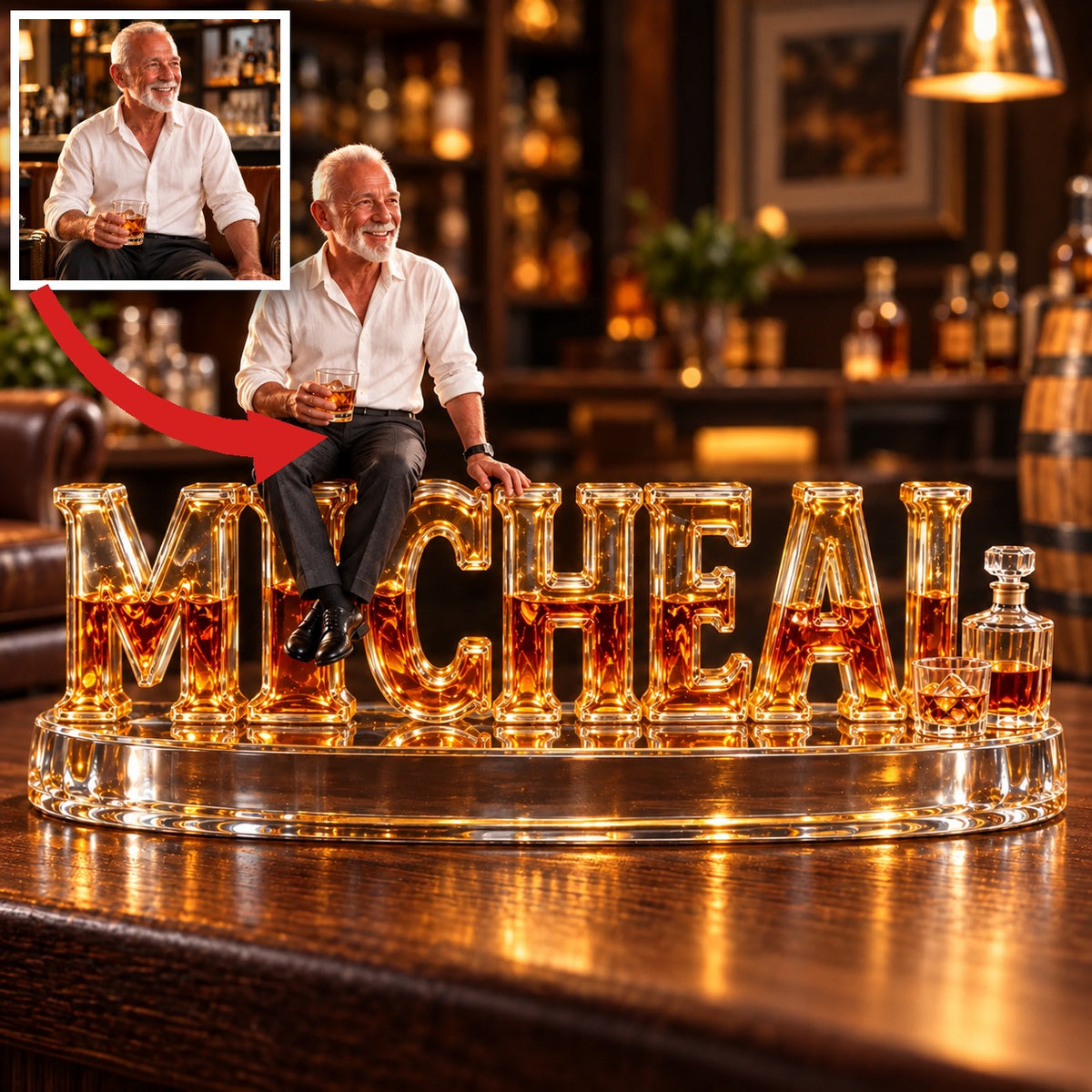 Personalized Whiskey Acrylic Plaque - Custom Photo and Name Desk Sculpture