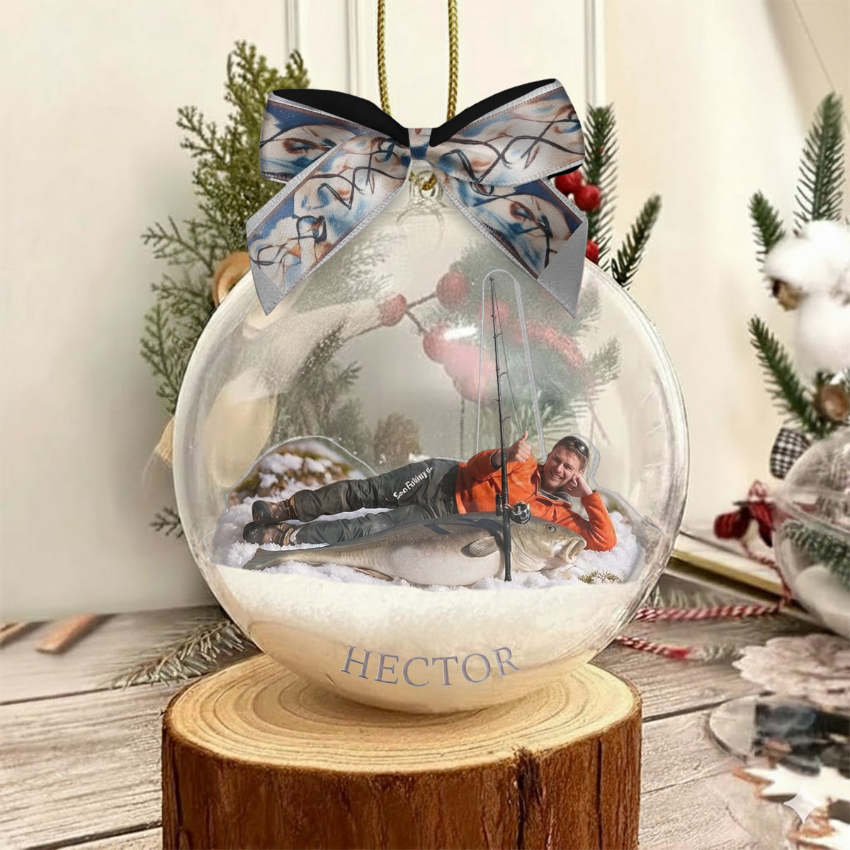 Fischer Weihnachten - Personalisierte Angel Schneekugel Ornament mit Schleife