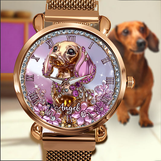 Dackel-Liebhaberinnen - Personalisierte Damen-Handuhr mit Hundemotiv 