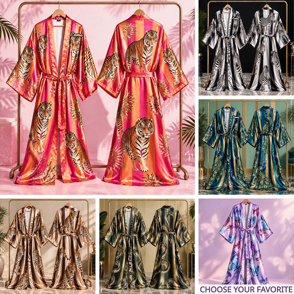 Tiger, Leopard, Schmetterling, Pfau, Zebra, Schlange Bedruckter Stil Bademantel - Personalisierter Satin Bademantel für Selbstliebe