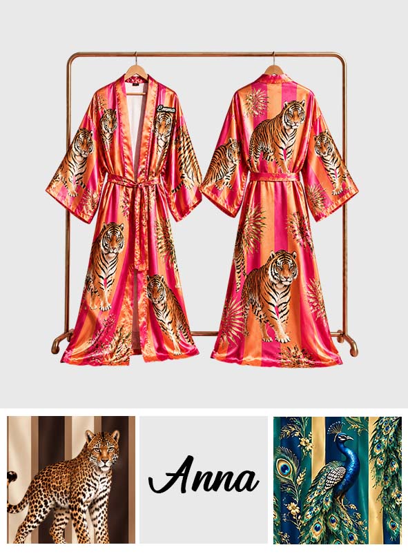 Tiger, Leopard, Schmetterling, Pfau, Zebra, Schlange Bedruckter Stil Bademantel - Personalisierter Satin Bademantel für Selbstliebe