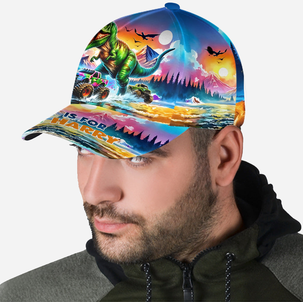 Dinosaurier- und Monstertruck-Buchstaben-Alphabet – Personalisierte klassische Kinderkappe