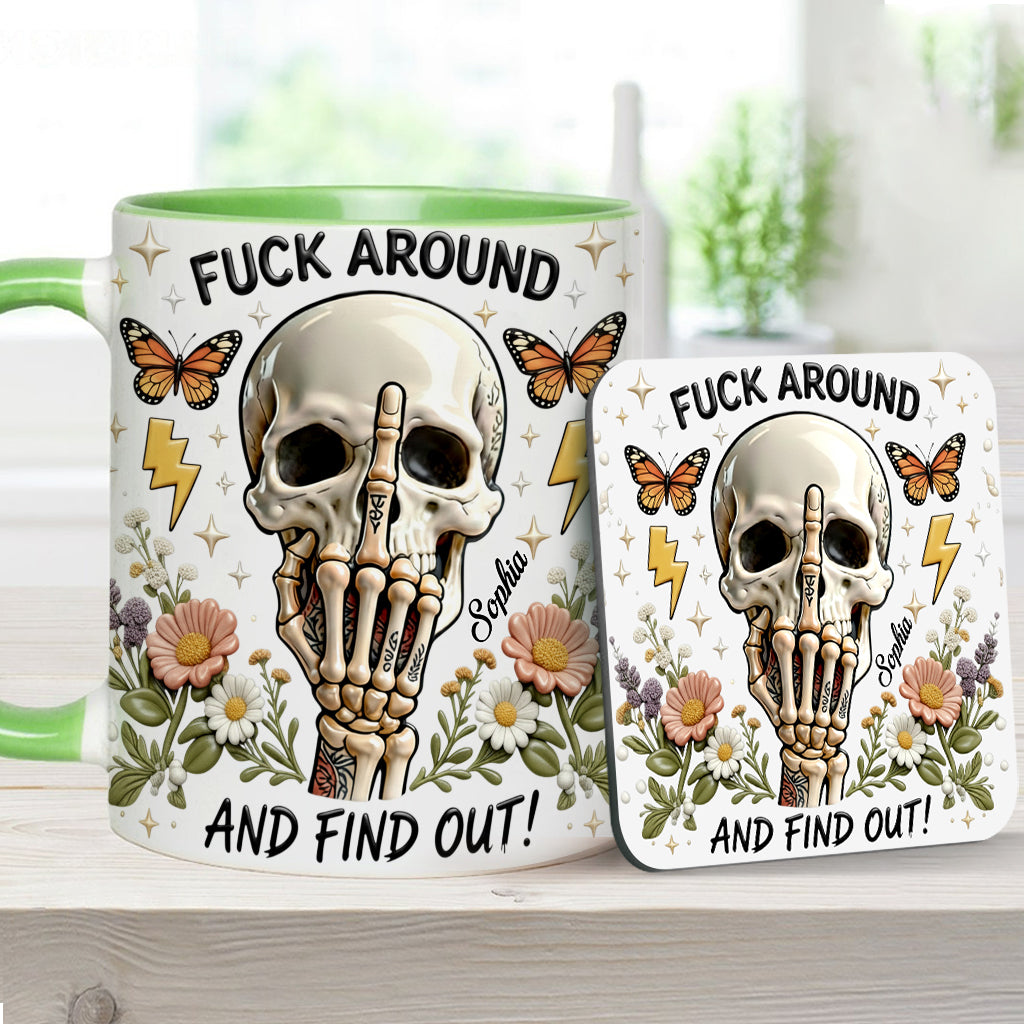 Probier's aus und finde es heraus – personalisierte Tasse und Untersetzer mit Totenkopf-Akzent