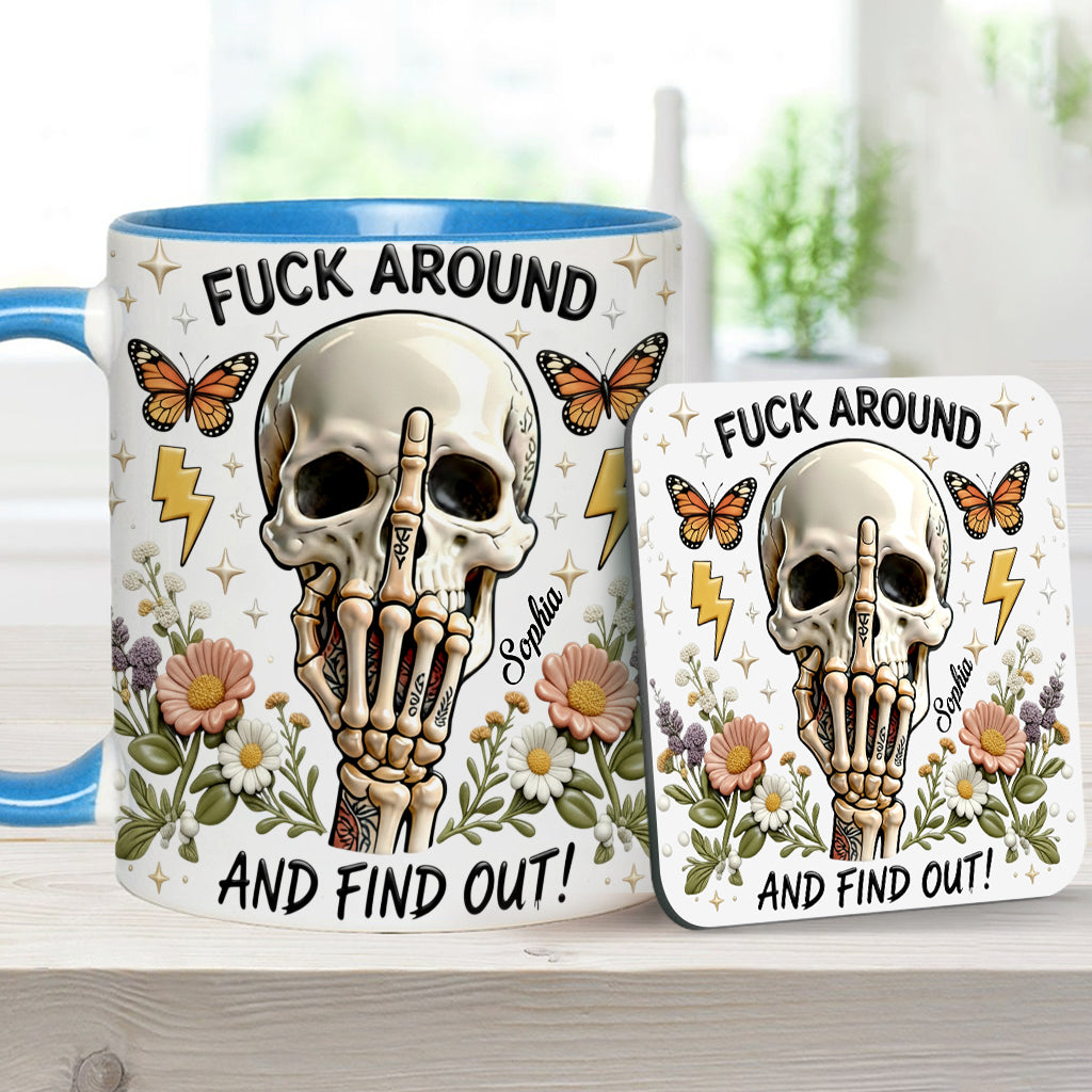 Probier's aus und finde es heraus – personalisierte Tasse und Untersetzer mit Totenkopf-Akzent
