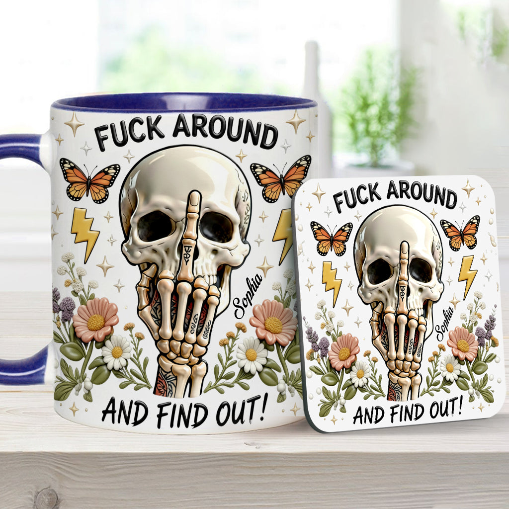 Probier's aus und finde es heraus – personalisierte Tasse und Untersetzer mit Totenkopf-Akzent