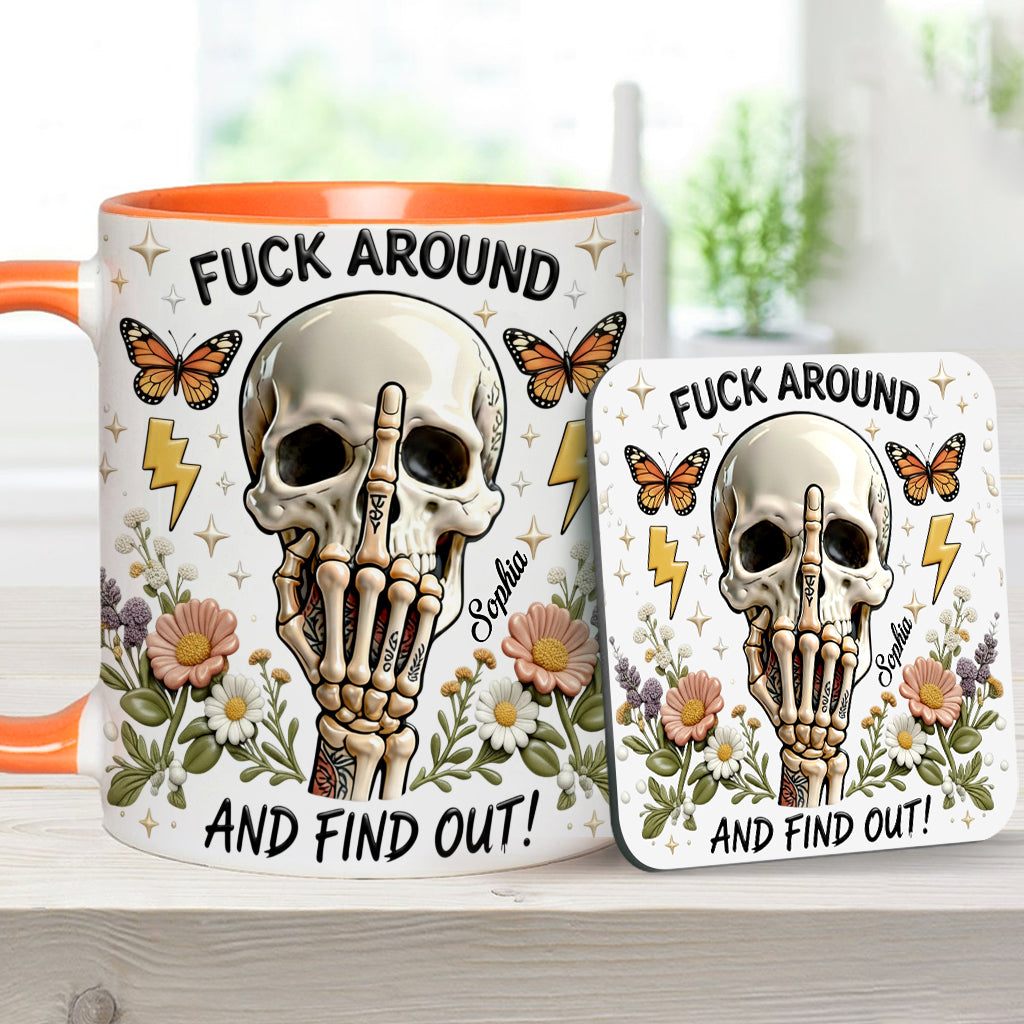 Probier's aus und finde es heraus – personalisierte Tasse und Untersetzer mit Totenkopf-Akzent
