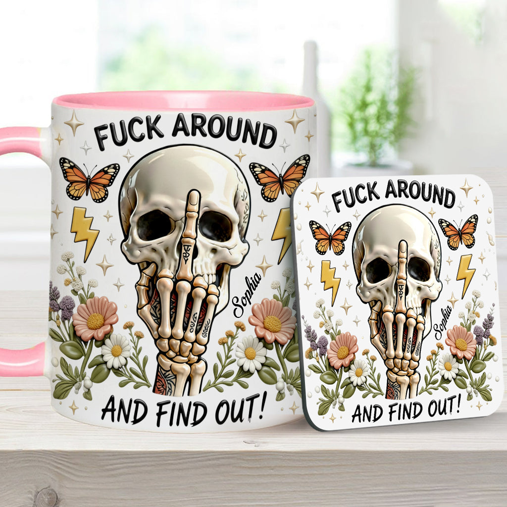 Probier's aus und finde es heraus – personalisierte Tasse und Untersetzer mit Totenkopf-Akzent
