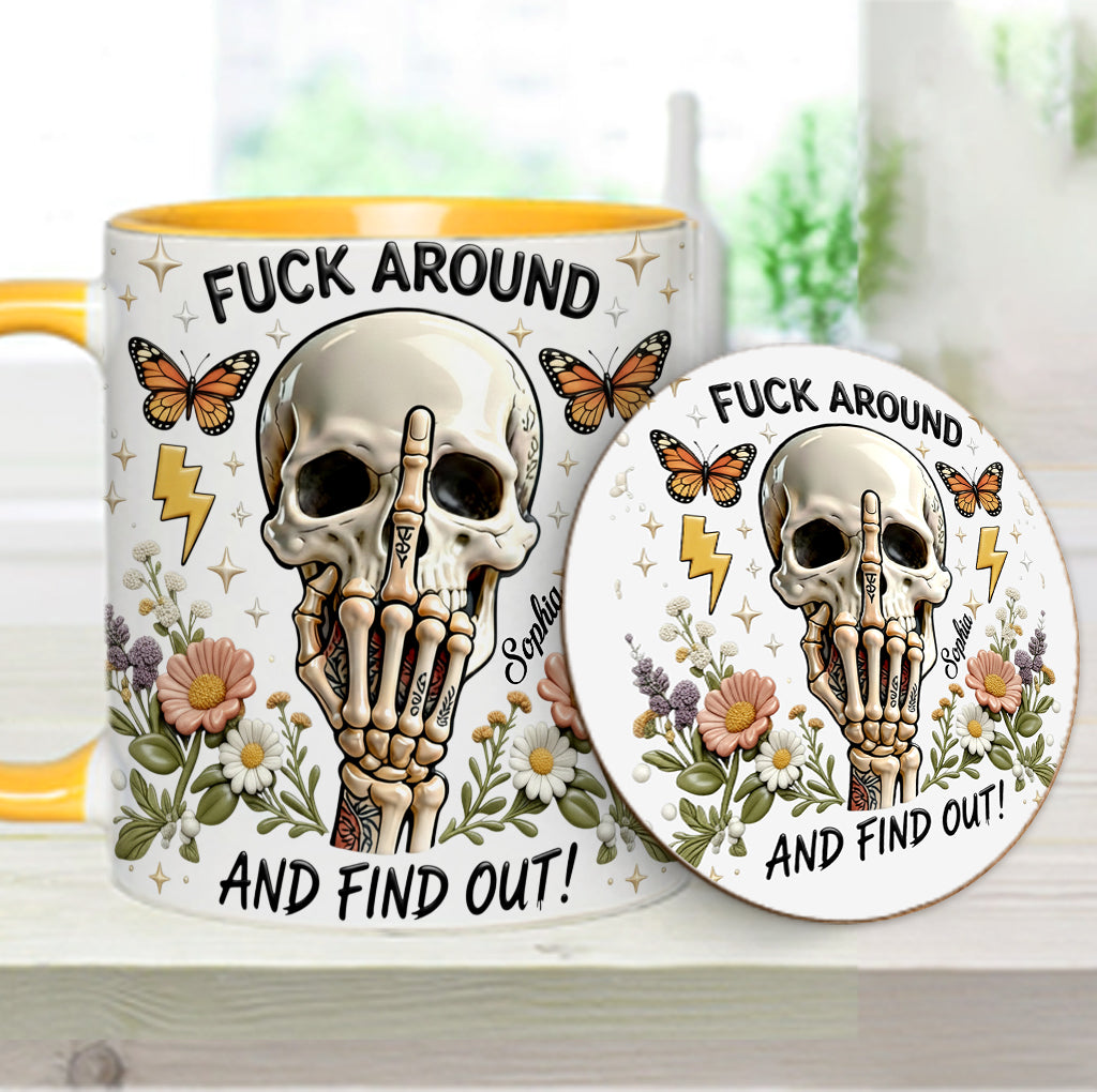 Probier's aus und finde es heraus – personalisierte Tasse und Untersetzer mit Totenkopf-Akzent