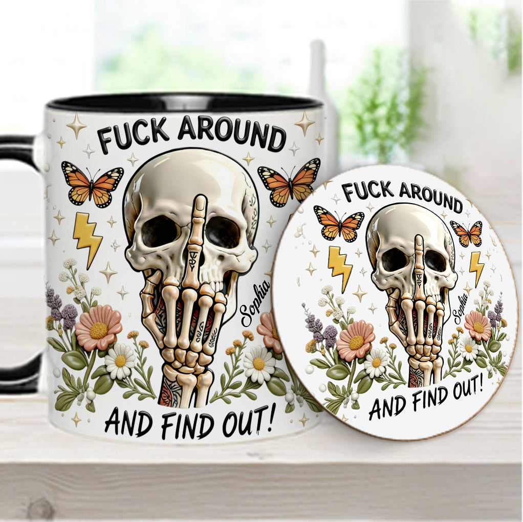 Probier's aus und finde es heraus – personalisierte Tasse und Untersetzer mit Totenkopf-Akzent