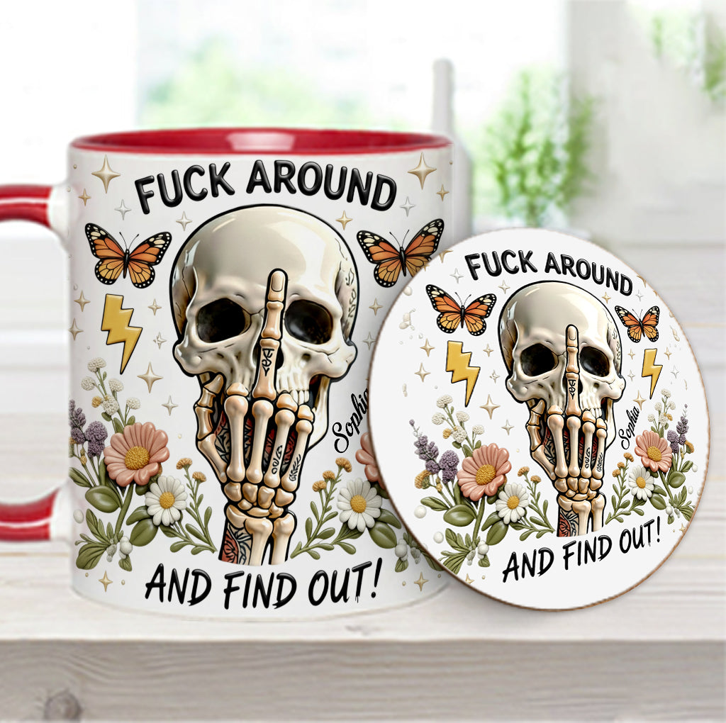 Probier's aus und finde es heraus – personalisierte Tasse und Untersetzer mit Totenkopf-Akzent