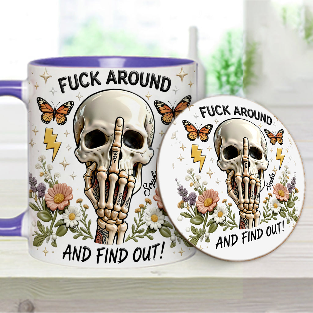 Probier's aus und finde es heraus – personalisierte Tasse und Untersetzer mit Totenkopf-Akzent