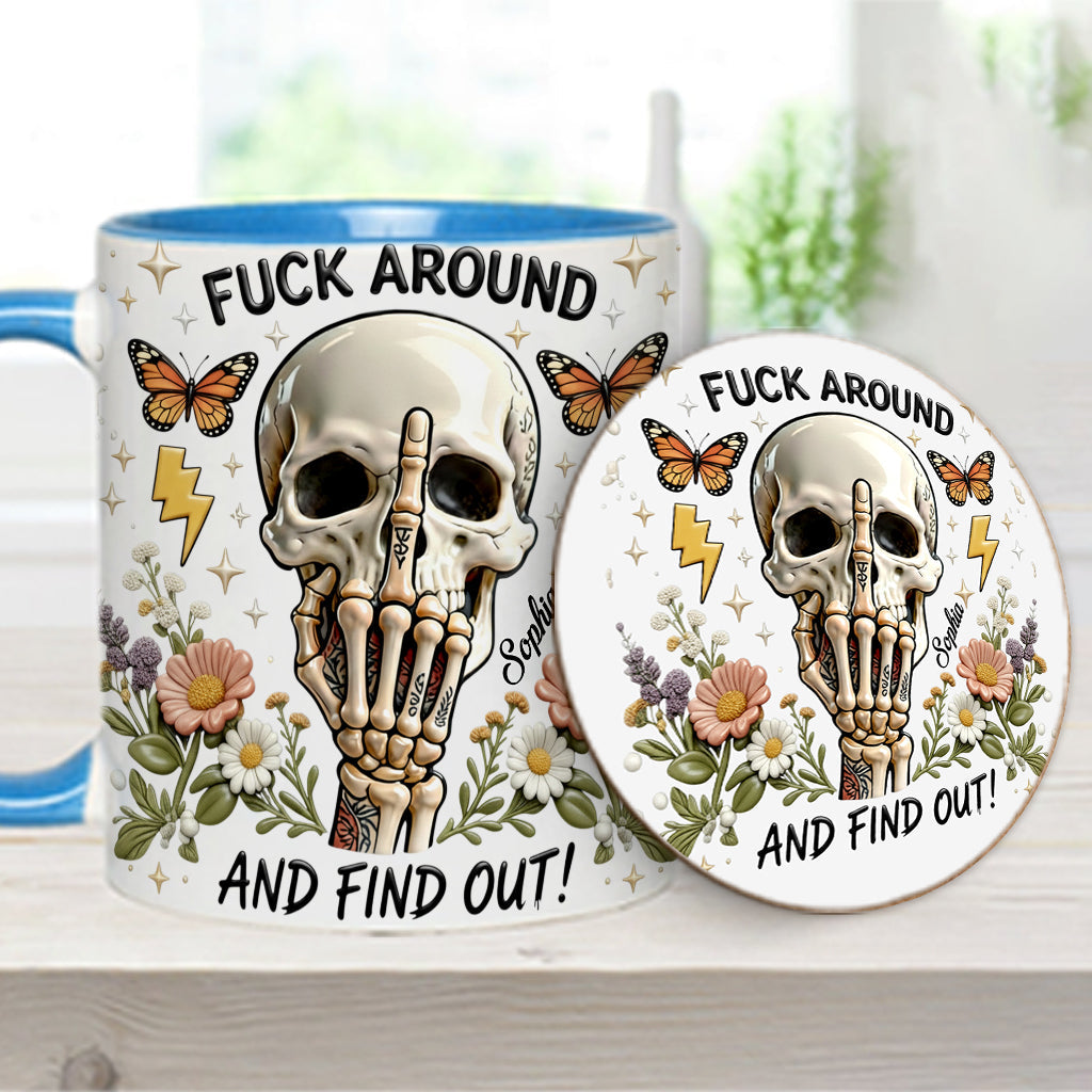 Probier's aus und finde es heraus – personalisierte Tasse und Untersetzer mit Totenkopf-Akzent