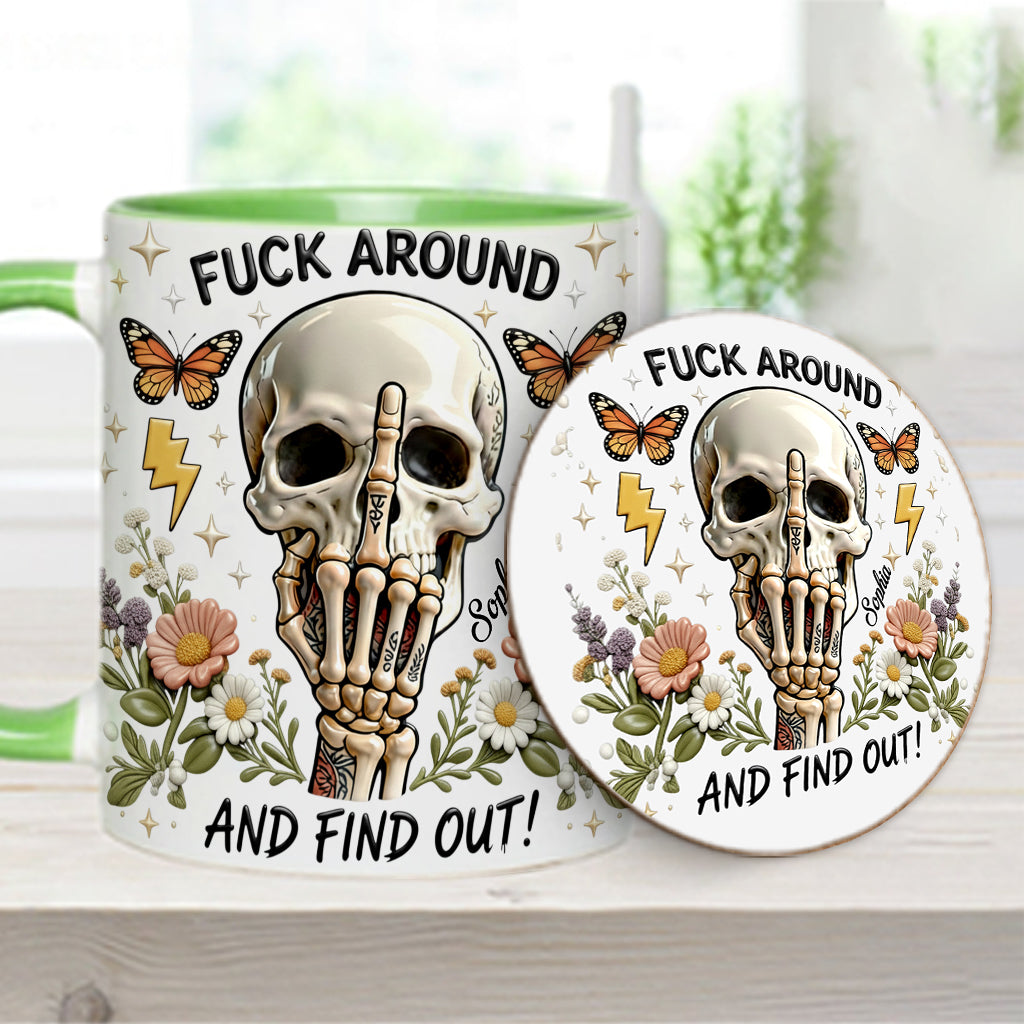 Probier's aus und finde es heraus – personalisierte Tasse und Untersetzer mit Totenkopf-Akzent