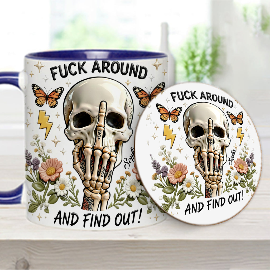 Probier's aus und finde es heraus – personalisierte Tasse und Untersetzer mit Totenkopf-Akzent