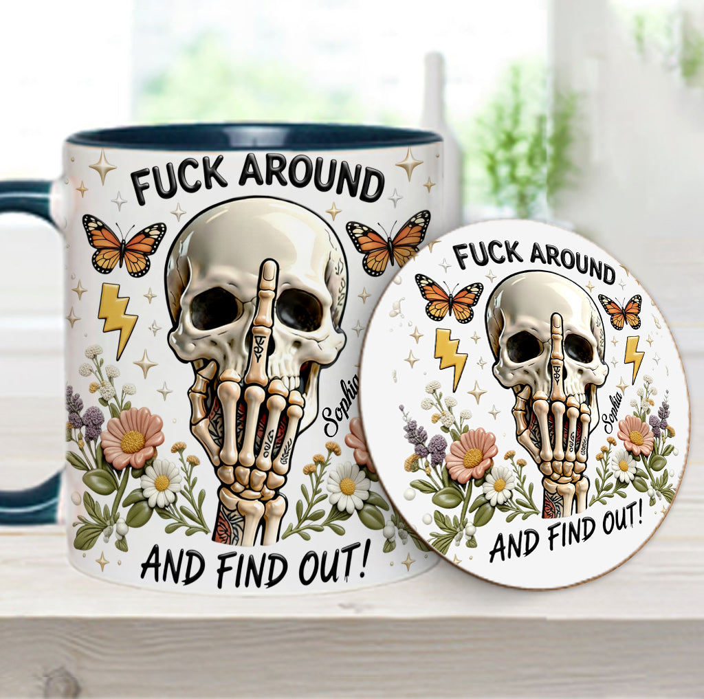 Probier's aus und finde es heraus – personalisierte Tasse und Untersetzer mit Totenkopf-Akzent