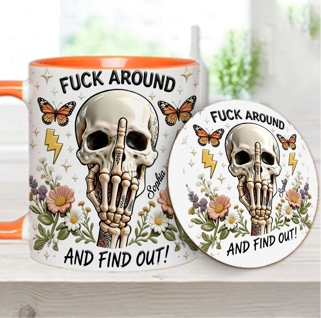 Probier's aus und finde es heraus – personalisierte Tasse und Untersetzer mit Totenkopf-Akzent