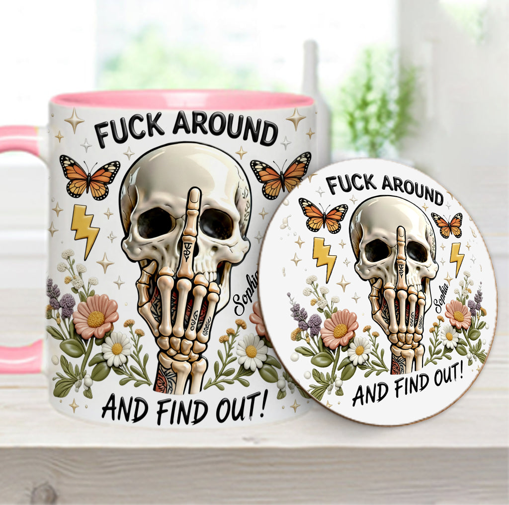 Probier's aus und finde es heraus – personalisierte Tasse und Untersetzer mit Totenkopf-Akzent