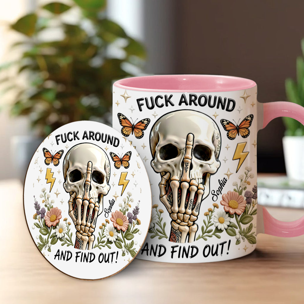 Probier's aus und finde es heraus – personalisierte Tasse und Untersetzer mit Totenkopf-Akzent
