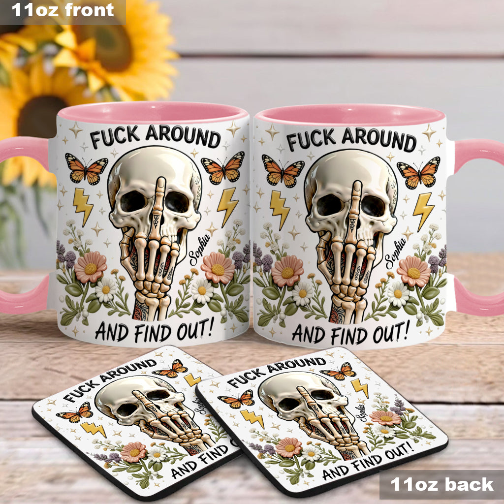 Probier's aus und finde es heraus – personalisierte Tasse und Untersetzer mit Totenkopf-Akzent