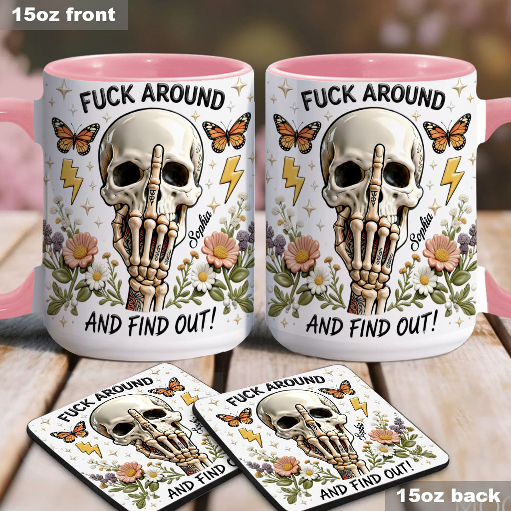 Probier's aus und finde es heraus – personalisierte Tasse und Untersetzer mit Totenkopf-Akzent