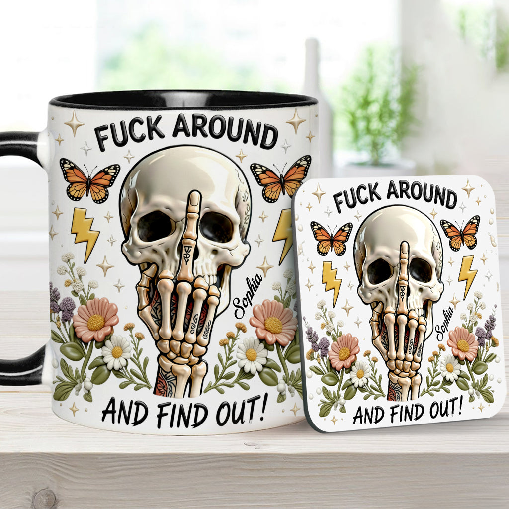 Probier's aus und finde es heraus – personalisierte Tasse und Untersetzer mit Totenkopf-Akzent