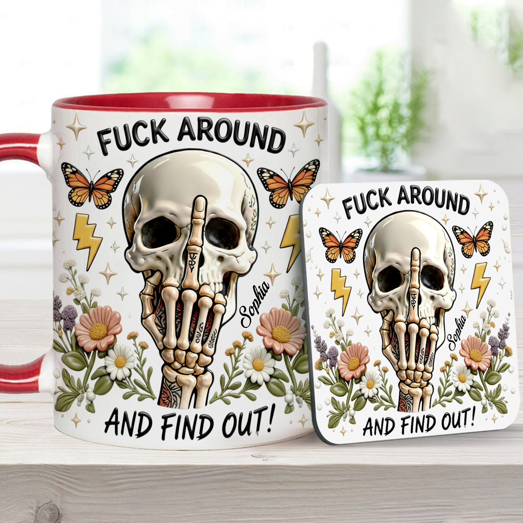 Probier's aus und finde es heraus – personalisierte Tasse und Untersetzer mit Totenkopf-Akzent
