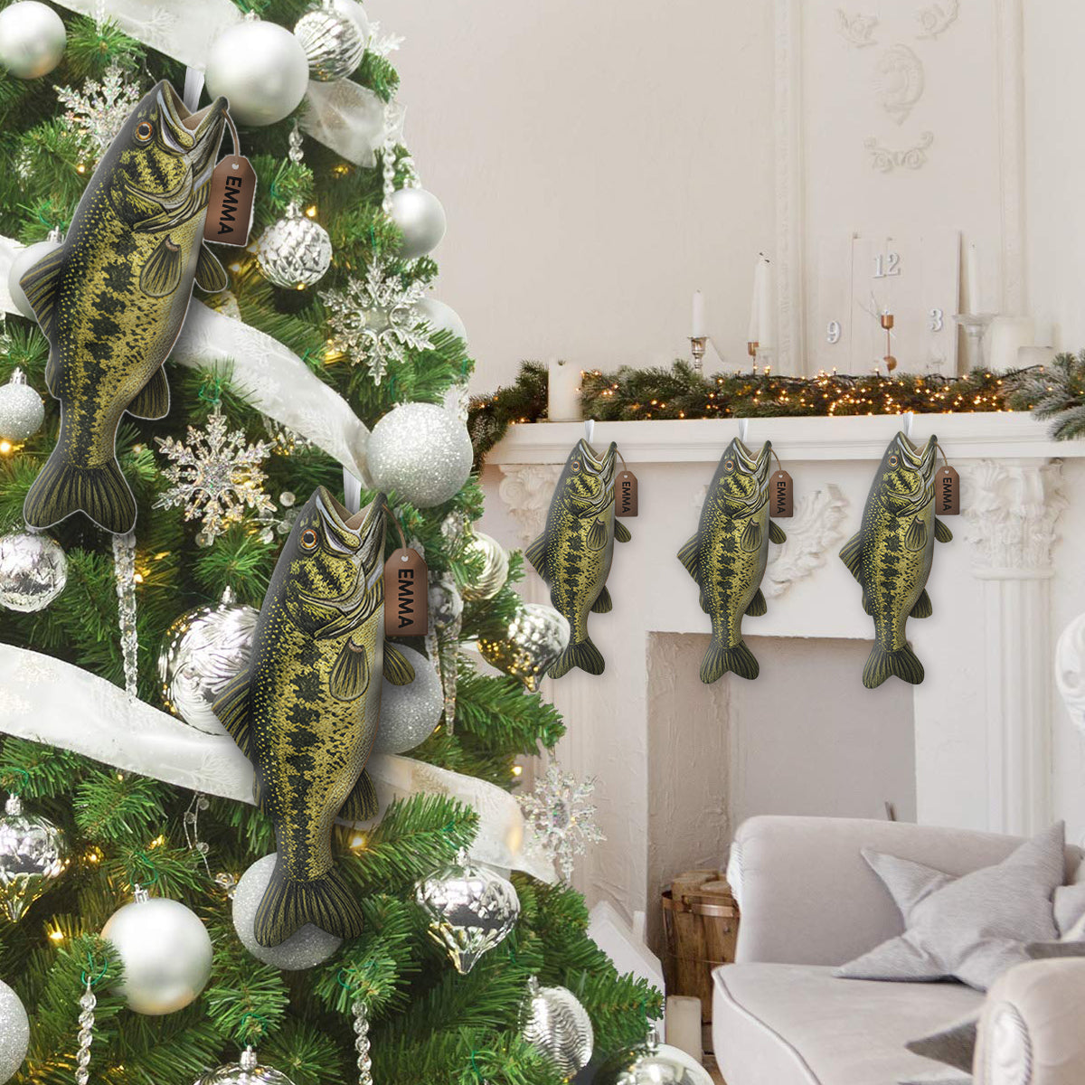 Fröhliche Fischweihnachten – personalisierter Weihnachtsstrumpf in Anglerform