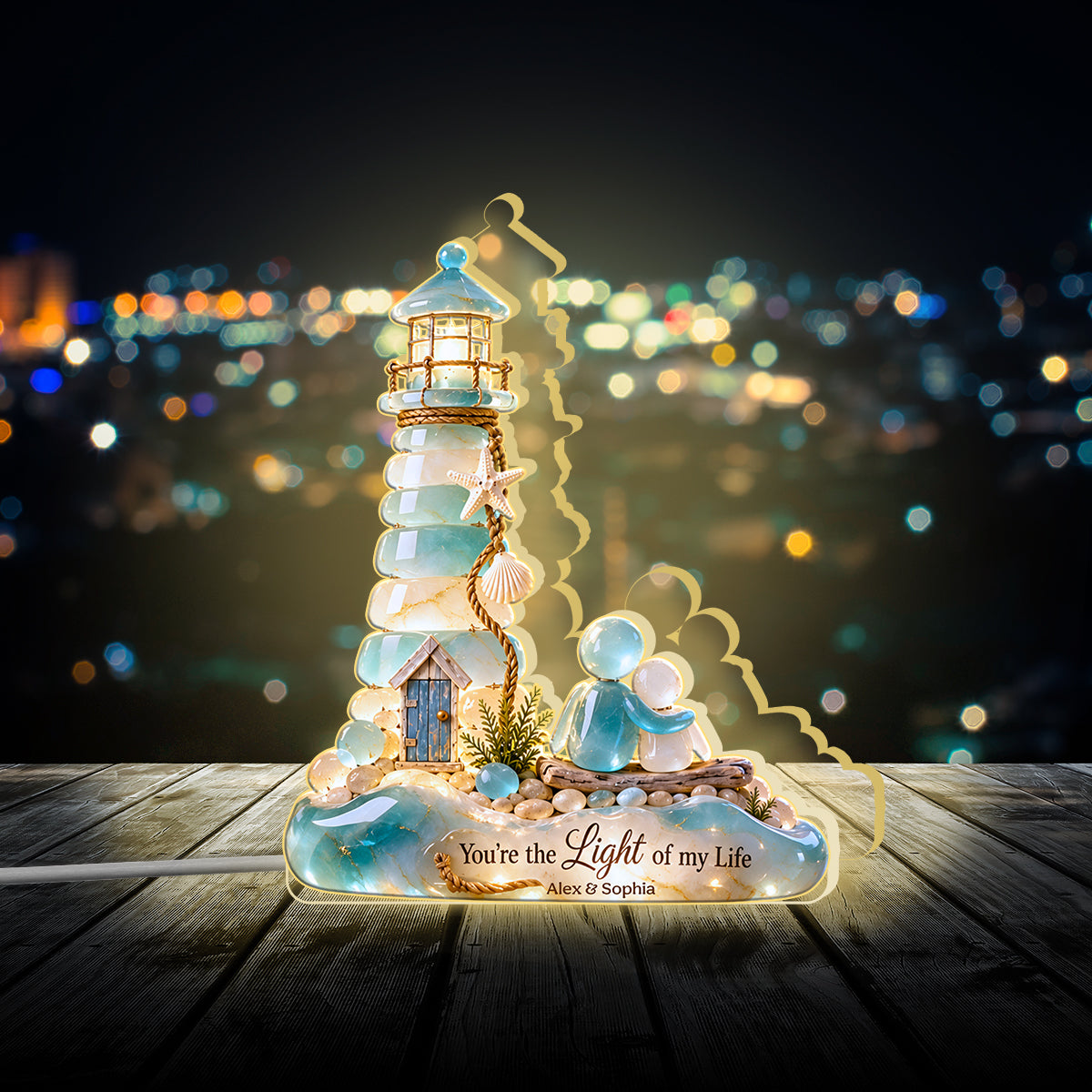 Lighthouse Couple Natural Stone - Personalized Couple Acrylic LED Night Light