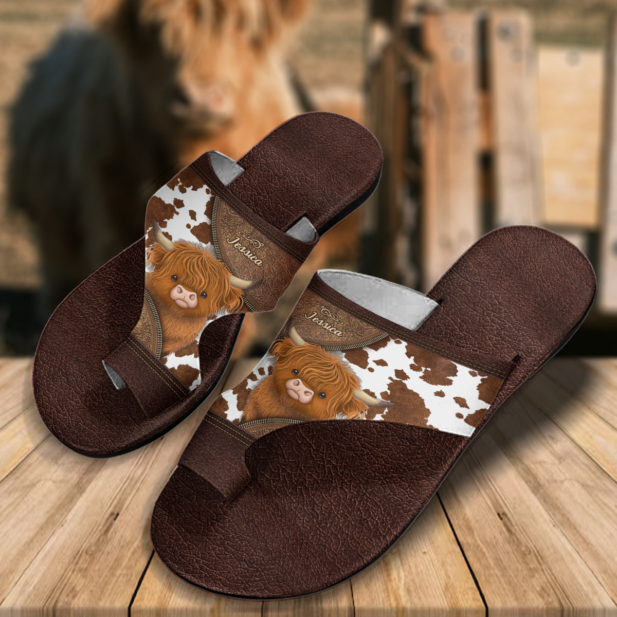 Liebe zum Hochlandrind – Personalisierte Hochlandrind-Sandalen mit offener Zehenpartie