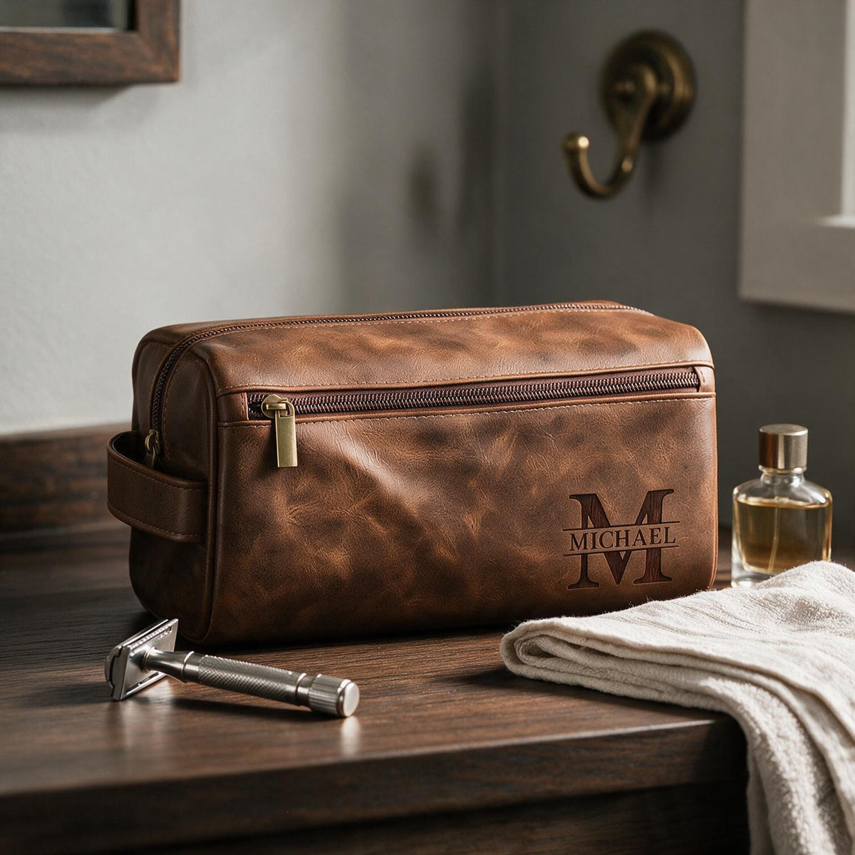 Personalized Monogrammed Brown Leather Toiletry Bag, Gift for Men