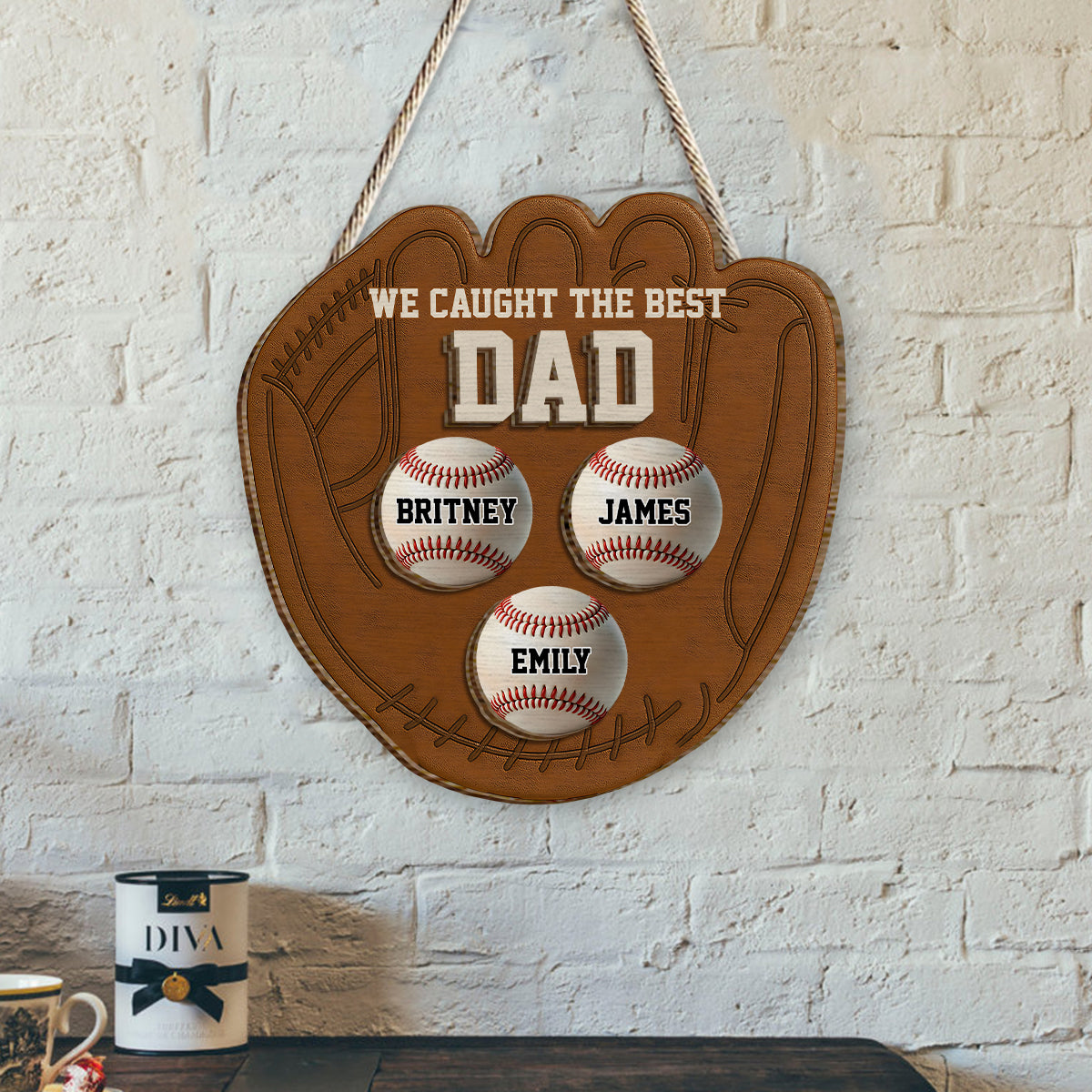 Baseballhandschuh-Papa – Personalisiertes zweilagiges Holzschild/Holzplakette mit Baseballmotiv