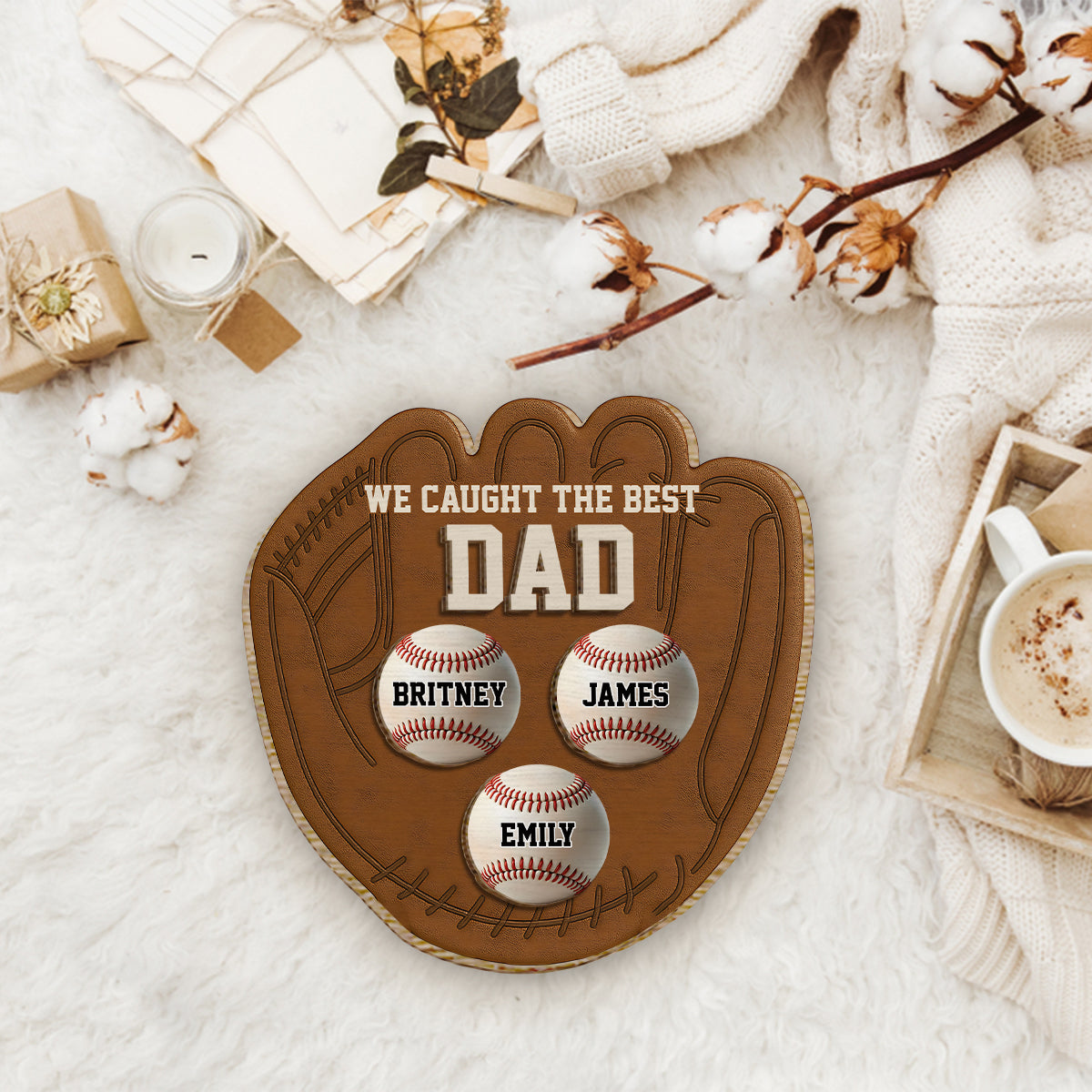 Baseballhandschuh-Papa – Personalisiertes zweilagiges Holzschild/Holzplakette mit Baseballmotiv