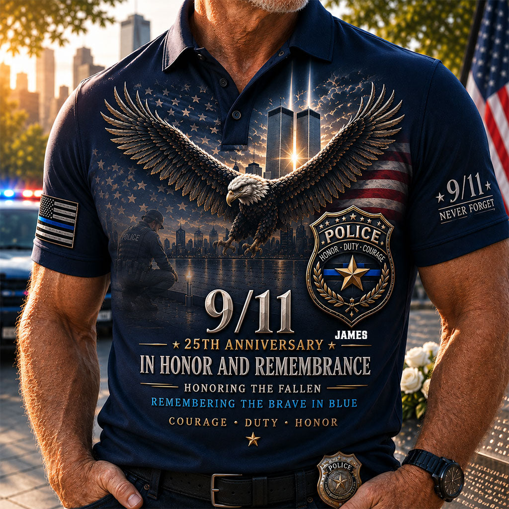 9/11 25. Jahrestag Gedenkveranstaltung - Personalisierte Polizeibeamten Polo-Shirt