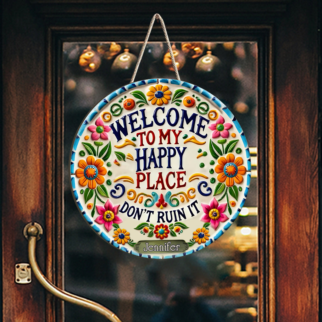 Willkommen in meinem Wohlfühlort – personalisiertes Hippie-Holzschild in individueller Form